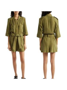 NEW Smythe Utility Collared Belted Elbow Sleeves Romper Green Size: Medium